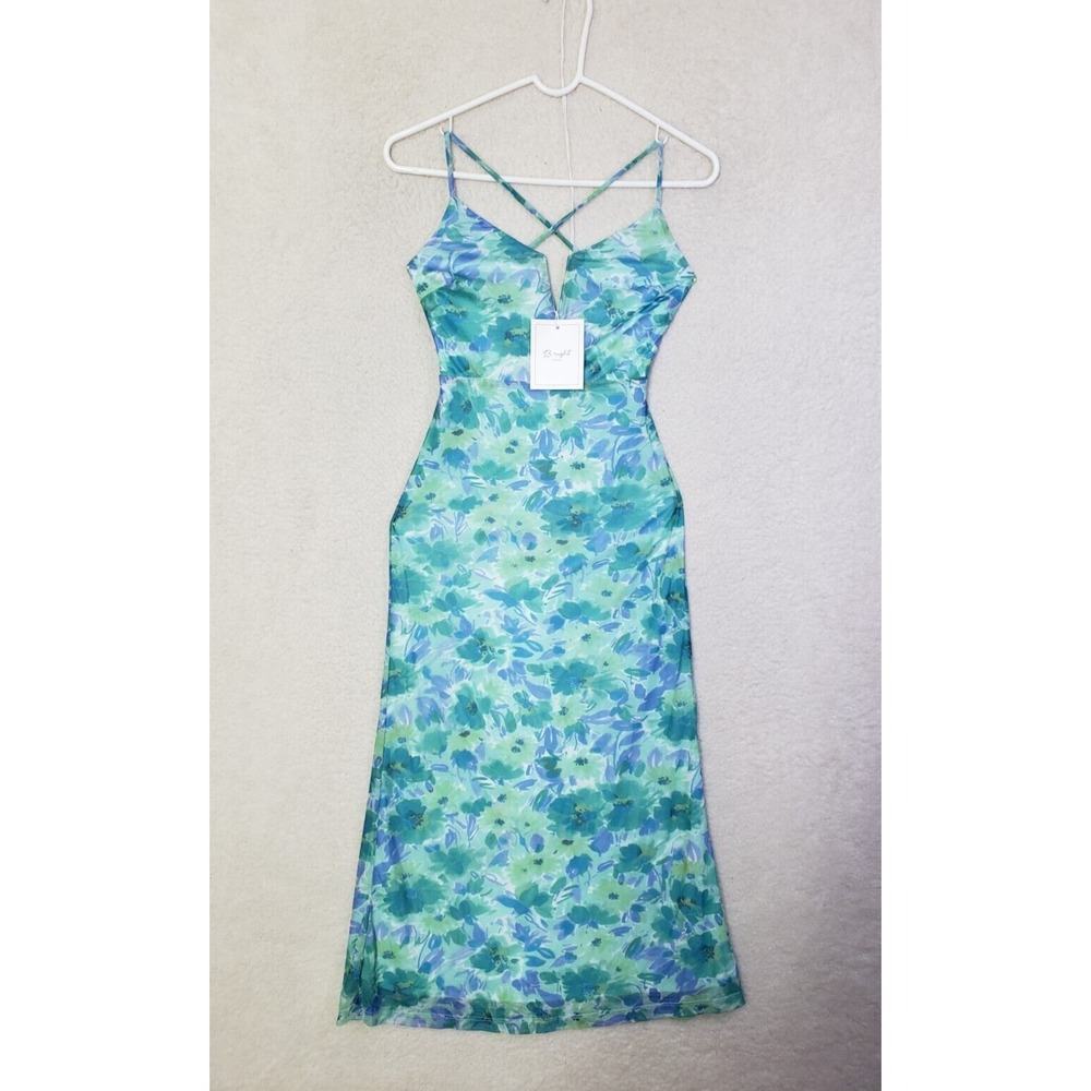 B.right Women Dress Extra Small Green Flora Chiffon Spaghetti Sleeve Shift Maxi
